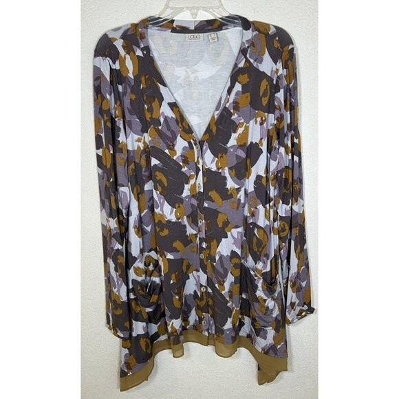 LOGO Lori Goldstein Sz M Fall Colors Print Stretch Jersey Cardigan Top Pockets - Picture 3 of 16